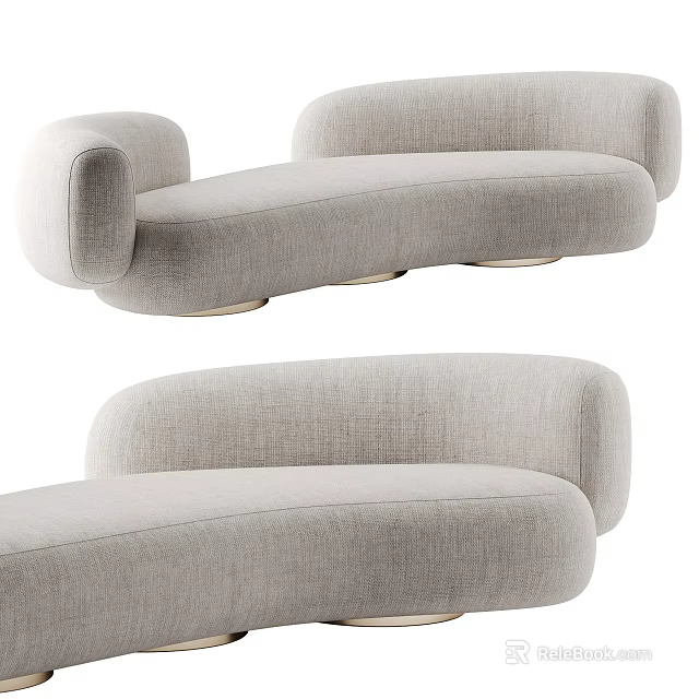 Modern Light Gray Multi Seat Sofa with Linen Fabric Curved Arms and Metal Legs 3d model 
