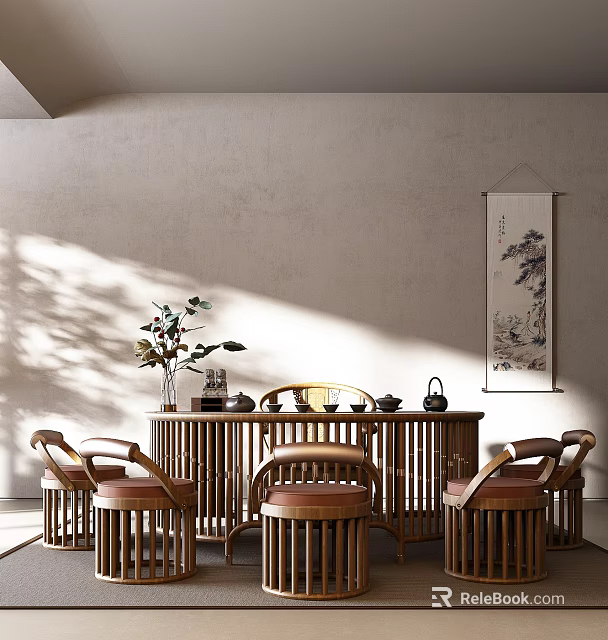 Traditional Tea Room Interior With Wooden Table Chairs Tea Sets Scroll Painting And Natural Light 3d model 