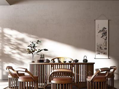 Traditional Tea Room Interior With Wooden Table Chairs Tea Sets Scroll Painting And Natural Light 3d model