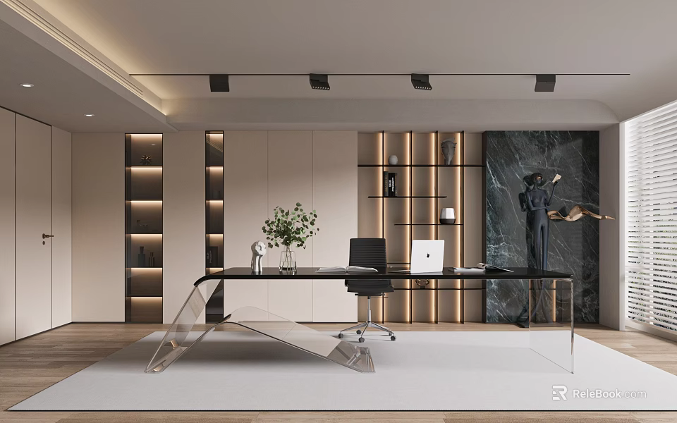 Modern Home Office Interior With Glass Desk Black Chair And Marble Accent Wall 3d model 