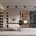 Modern Home Office Interior With Glass Desk Black Chair And Marble Accent Wall