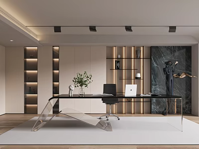 Modern Home Office Interior With Glass Desk Black Chair And Marble Accent Wall 3d model
