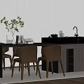 Modern Kitchen Interior With Wooden Island Sink Brown Chairs White Striped Wall And Wooden Floor