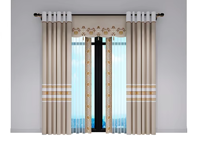 Beige Curtain Design with Gold Stripes Decorative Valance and Sheer Panels 3d model