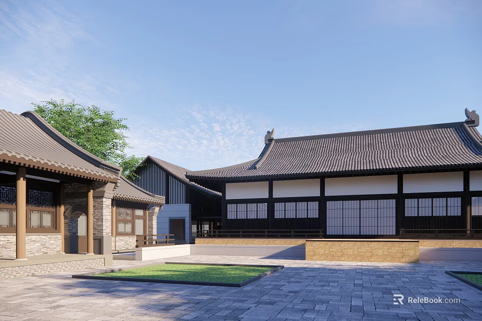 Traditional Chinese Ancient Architecture Courtyard With Classic Roof And Wooden Window Design 3d model 