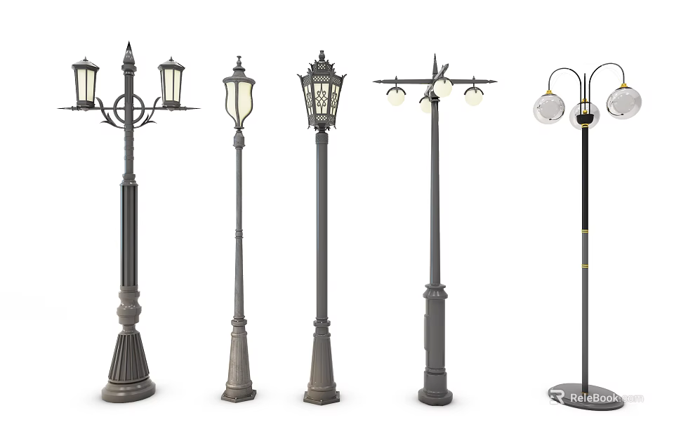 Vintage Design Outdoor Street Lights with Multiple Lamp Heads and Decorative Styles 3d model 