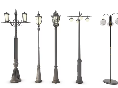 Vintage Design Outdoor Street Lights with Multiple Lamp Heads and Decorative Styles 3d model