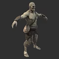 Shirtless Bald Muscular Warrior with Arm Wraps Waist Pouch Rugged Shorts Standing 3D Character