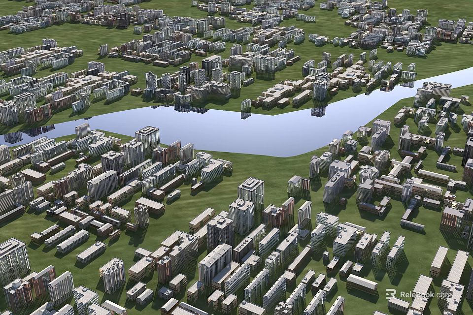 Aerial View of Urban Planning with Residential Commercial Buildings Road Networks and Green Spaces 3d model 