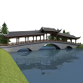 Traditional Chinese Arch Bridge With Black Tile Roof Over Pond Green Grass And Trees