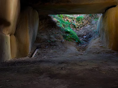 Scenic View from Stone Tunnel with Green Vegetation Stone Wall and Dirt Path 3d model