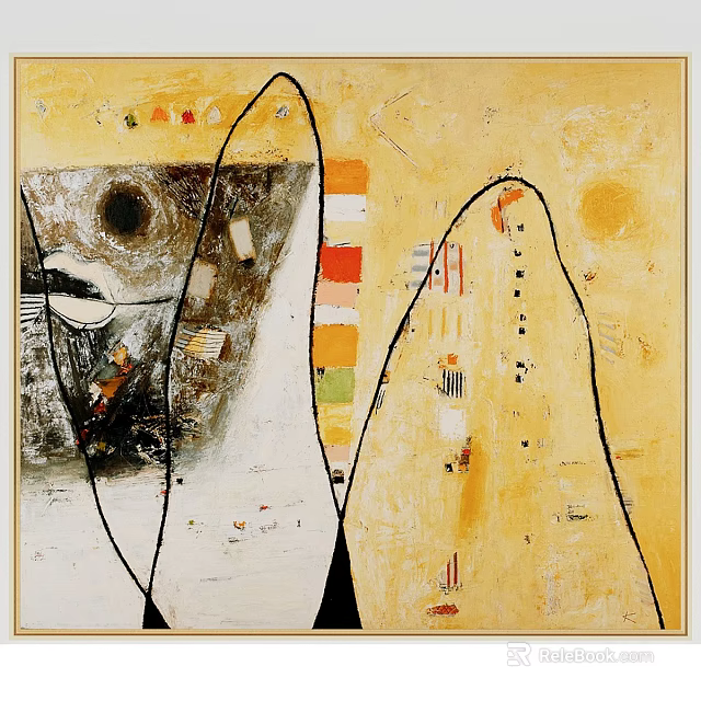 Abstract Landscape Painting With Yellow Background Black Lines And Colorful Abstract Shapes 3d model 