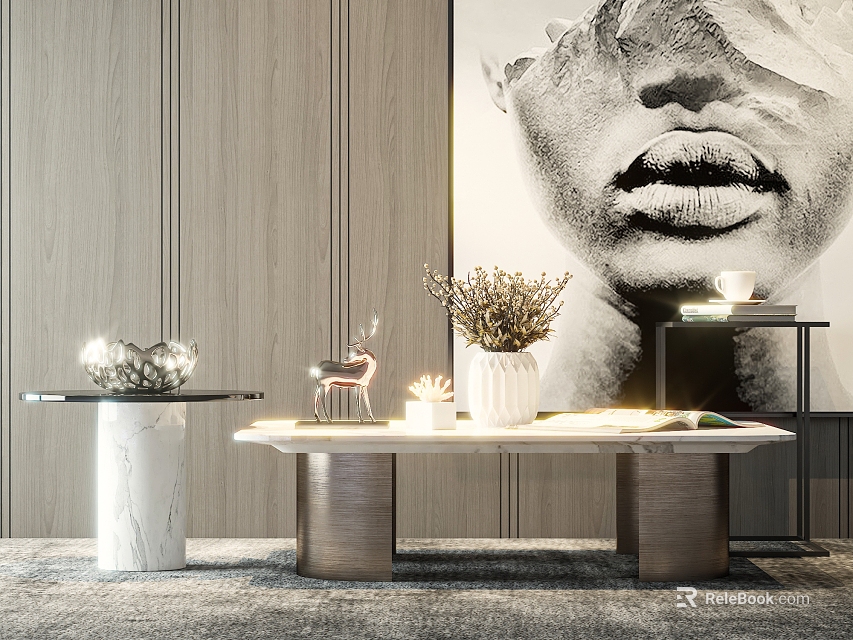 Modern Elegant Coffee Table With Marble Top Vase Deer Figurine And Wall Painting In Interior 3d model 