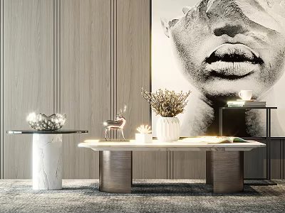 Modern Elegant Coffee Table With Marble Top Vase Deer Figurine And Wall Painting In Interior 3d model