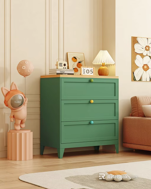 Green Chest of Drawers with Colorful Knobs and Decorative Lamp Photo Frame in Living Room 3d model 