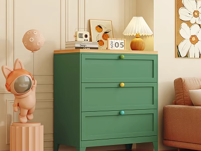 Green Chest of Drawers with Colorful Knobs and Decorative Lamp Photo Frame in Living Room 3d model