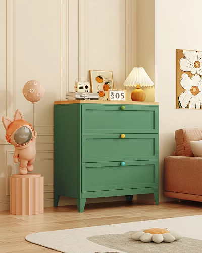 Green Chest of Drawers with Colorful Knobs and Decorative Lamp Photo Frame in Living Room 3d model