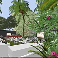 Garden Landscape With Palm Trees Green Plants Outdoor White Tables Chairs And Red Car