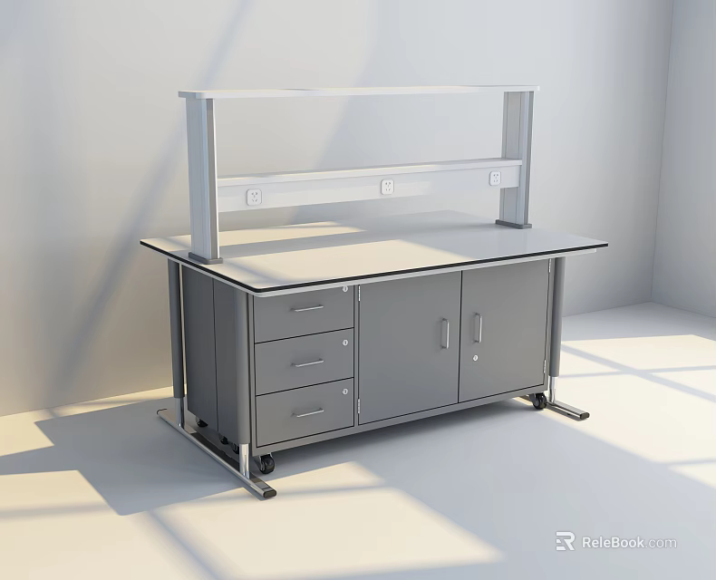 Modern Office Desk With Gray Cabinet Drawers Transparent Countertop And White Shelf Power Outlets 3d model 