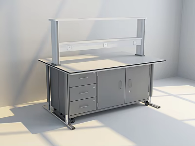 Modern Office Desk With Gray Cabinet Drawers Transparent Countertop And White Shelf Power Outlets 3d model