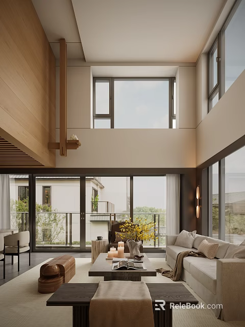Modern Living Room Interior with High Ceiling Large Windows Wooden Elements Green Plants and Sofa 3d model 
