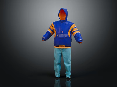 Blue Hooded Jacket with Orange Lining Yellow Stripes Front Logo and Light Blue Pants Sportswear 3d model