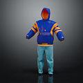 Blue Hooded Jacket with Orange Lining Yellow Stripes Front Logo and Light Blue Pants Sportswear