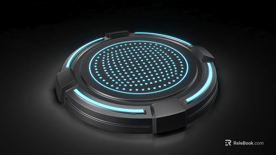 Black Circular Tech Device With Blue Glowing Light Strips And Dot Matrix Center 3d model