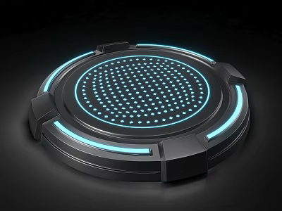 Black Circular Tech Device With Blue Glowing Light Strips And Dot Matrix Center 3d model