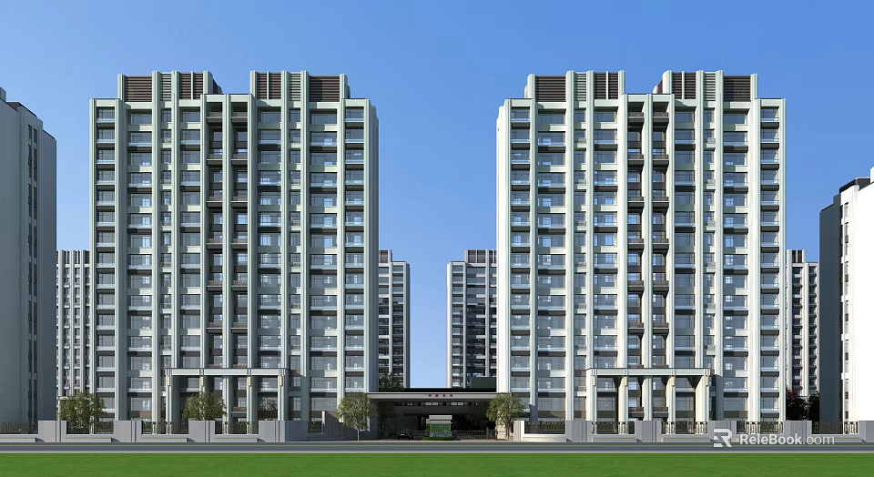 Modern High Rise Residential Building Exterior With Large Windows Green Lawn And Entrance Area 3d model 