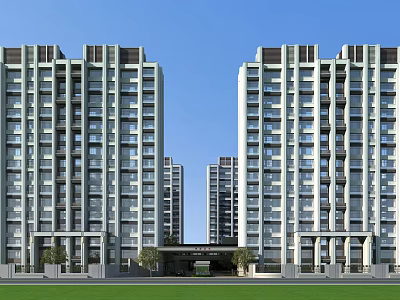Modern High Rise Residential Building Exterior With Large Windows Green Lawn And Entrance Area 3d model