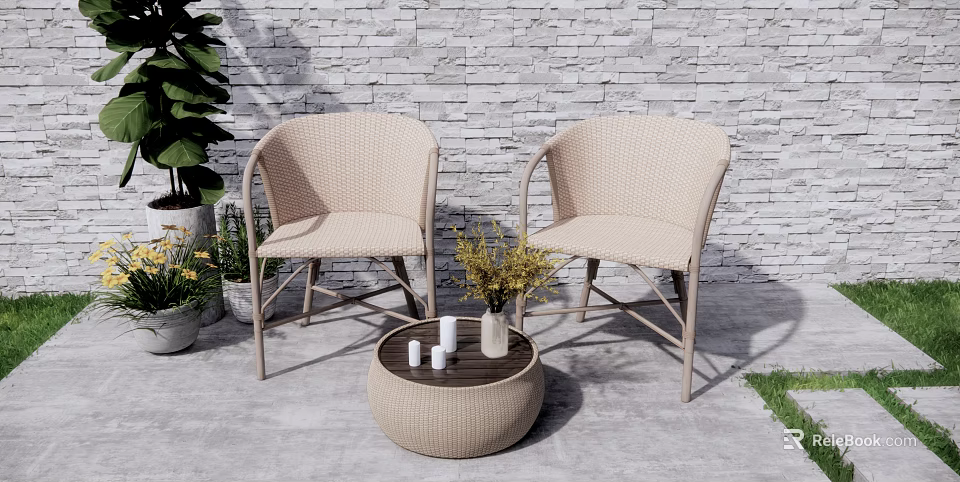 Beige Rattan Outdoor Patio Chairs And Round Table With Stone Wall Background 3d model 