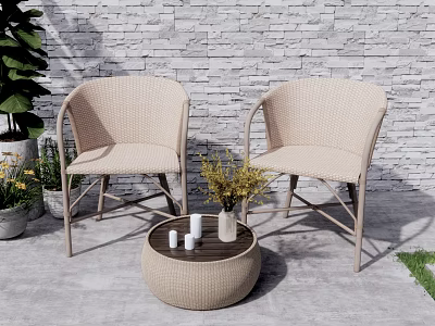 Beige Rattan Outdoor Patio Chairs And Round Table With Stone Wall Background 3d model