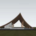 Modern Garden Landscape Featuring Triangular Wooden Roof Structure With Surrounding Trees And Greenery