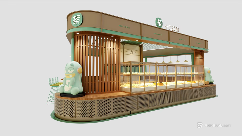 Fresh Green Bubble Tea Shop Interior With Wooden Decor Display Counters And Signage 3d model 