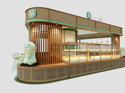 Fresh Green Bubble Tea Shop Interior With Wooden Decor Display Counters And Signage 3d model