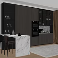 Modern Kitchen Interior Featuring Built in Wine Cabinet Glass Doors And Marble Bar Counter