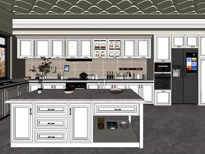 Elegant Modern Kitchen Interior Featuring White Cabinets Island Counter And Black Appliances 3d model