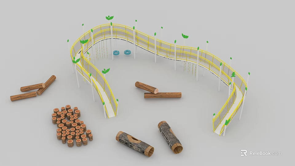 Wooden Play Equipment With Curved Yellow Structure Green Leaf Decorations And Log Elements 3d model