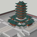 Traditional Chinese Multi story Pagoda Architectural Design With Green Roof And Surrounding Buildings