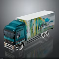 Teal Mercedes-Benz Truck With Colorful Forest Graphics On Trailer White Roof And Reflective Surface