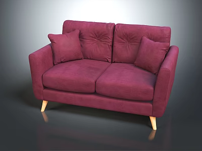 Burgundy Two Seater Sofa With Decorative Cushions And Light Wooden Legs 3d model
