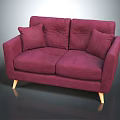 Burgundy Two Seater Sofa With Decorative Cushions And Light Wooden Legs