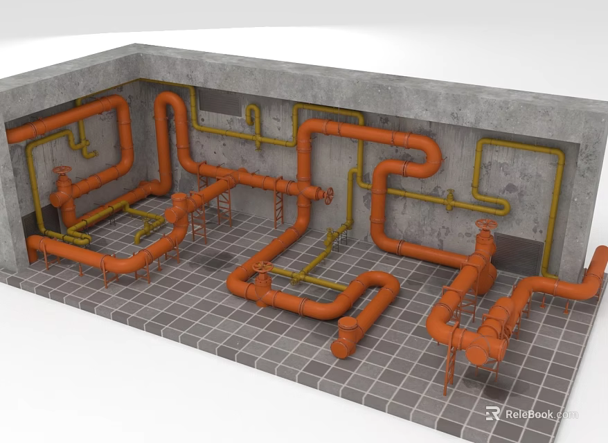 Orange and Yellow Pipes Layout in Indoor Concrete Walls With Gray Grid Floor 3d model 