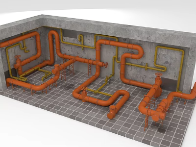 Orange and Yellow Pipes Layout in Indoor Concrete Walls With Gray Grid Floor 3d model