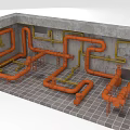 Orange and Yellow Pipes Layout in Indoor Concrete Walls With Gray Grid Floor