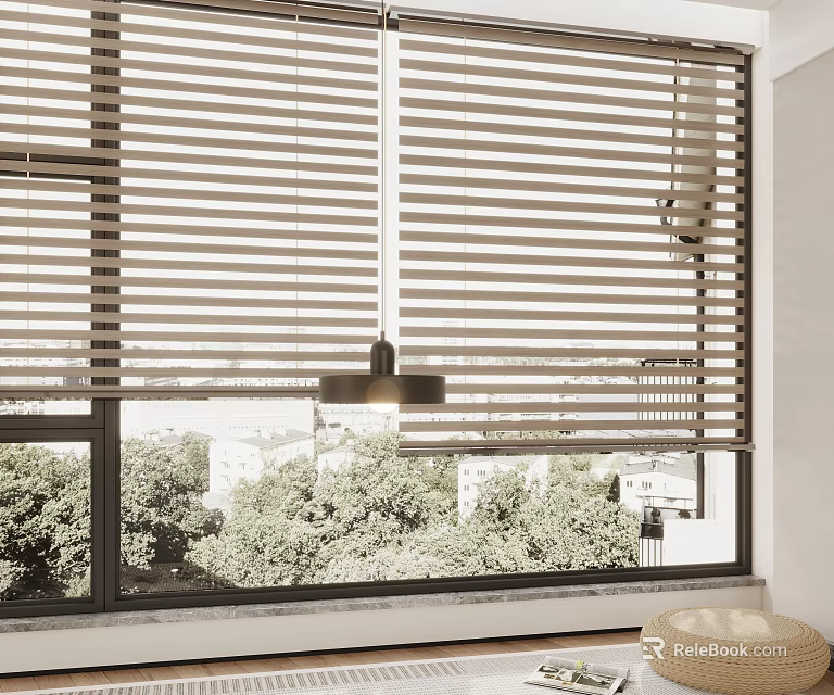 Light Colored Window Blinds in Black Framed Window with Trees and Buildings View 3d model 