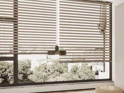 Light Colored Window Blinds in Black Framed Window with Trees and Buildings View 3d model