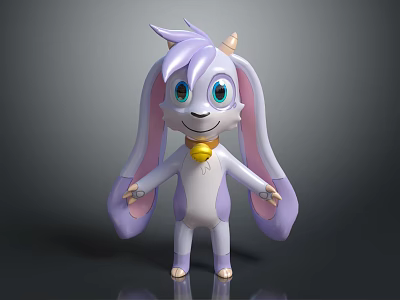 Cute Plush Toy with Purple and White Fur Long Ears Yellow Bell and Big Eyes 3d model