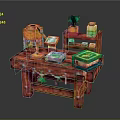 Colorful Pixel Cartoon Scene With Red Table Orange Character Green Plant Yellow Bottle And Book